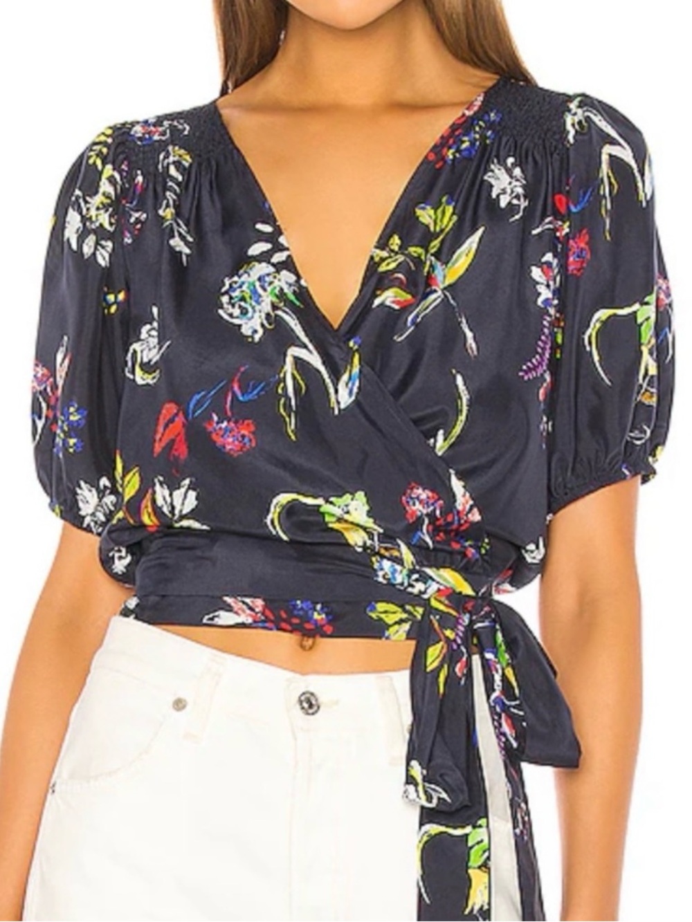 NWT Tanya Taylor Leiria 100% Silk Wrap Blouse in Midnight Floral Size 6 Designer